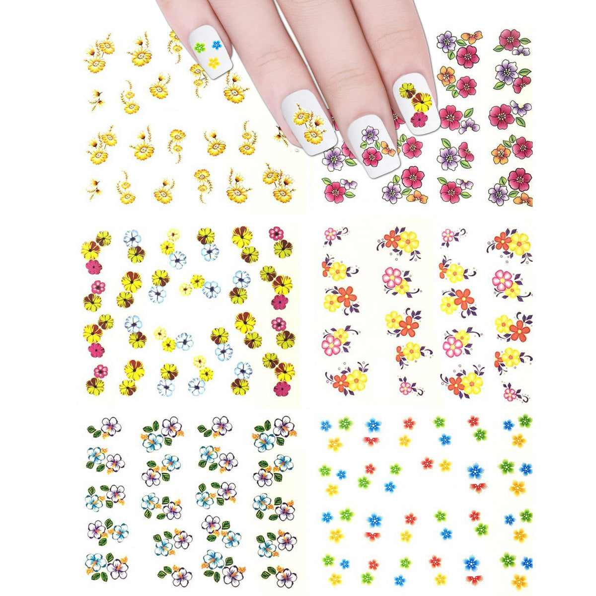 Wrapables Nail Art Water Nail Stickers Water Transfer Stickers / Nail Art Tattoos / Nail Art Decals, Colorful Flowers (6 Sheets)