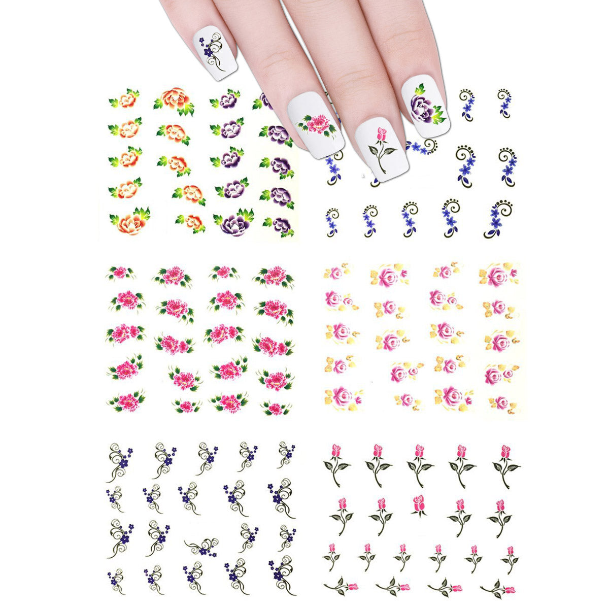 Wrapables Nail Art Water Nail Stickers Water Transfer Stickers / Nail Art Tattoos / Nail Art Decals, Floral (6 sheets)
