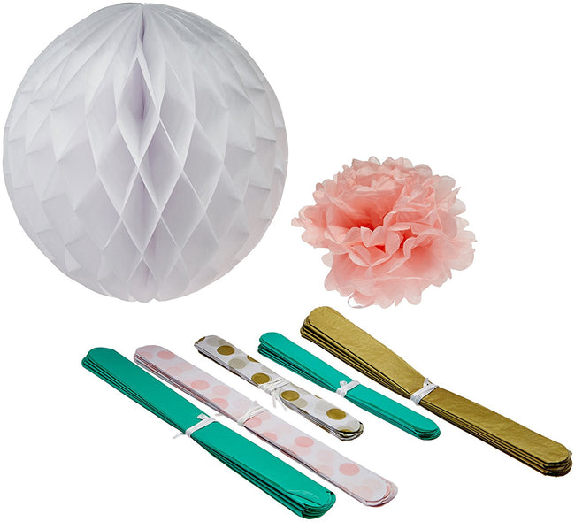 Wrapables Set of 8 Tissue Honeycomb Ball and Pom Pom Party Decorations, Aqua/ Light Pink/ Gold/ White