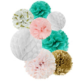 Wrapables Set of 8 Tissue Honeycomb Ball and Pom Pom Party Decorations, Aqua/ Light Pink/ Gold/ White