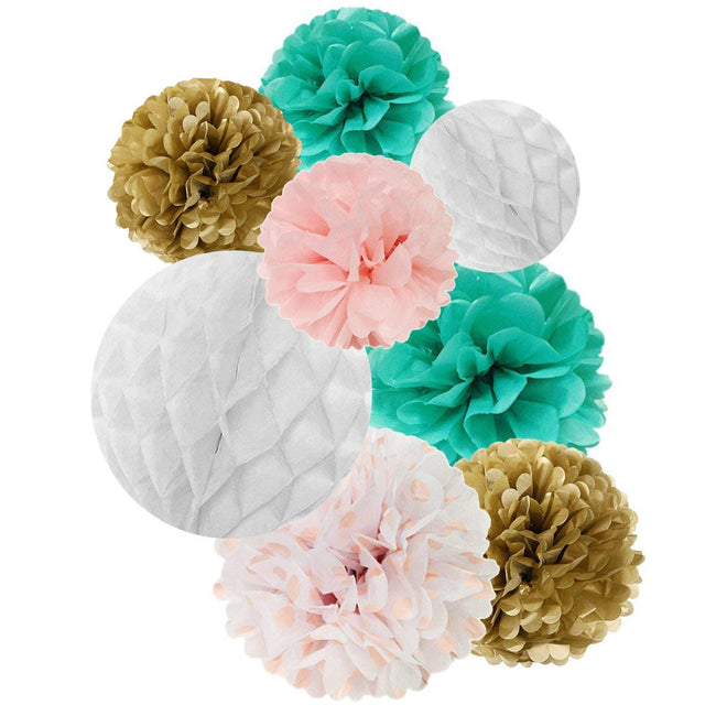 Wrapables Set of 32 Tissue Honeycomb Ball and Pom Pom Party Decorations, Aqua/ Light Pink/ Gold/ White