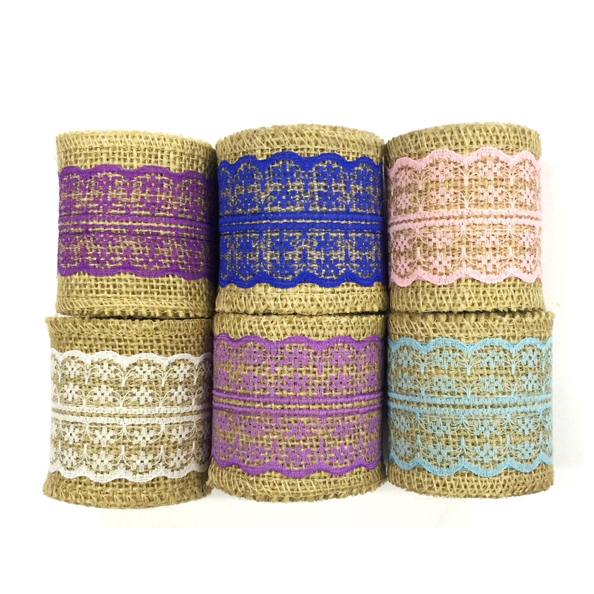Wrapables Hessian Burlap with Lace Ribbon 2.5 Inch Width x 2 Yards Length (Set of 6)