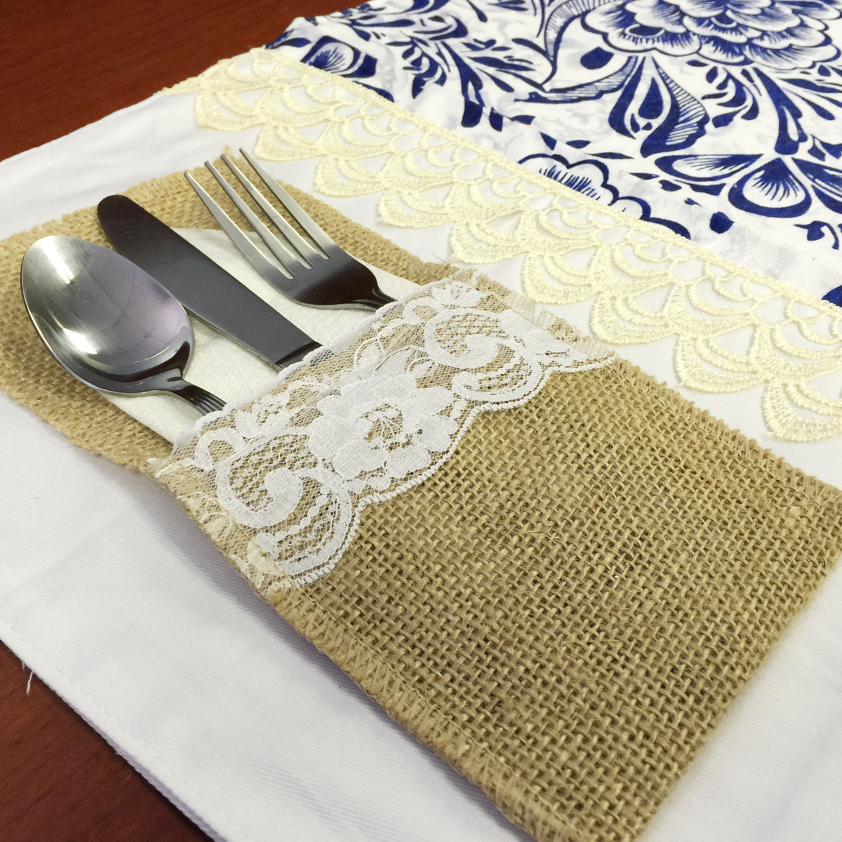 Wrapables Burlap with Lace Cutlery Holder for Rustic Weddings (Set of 10)