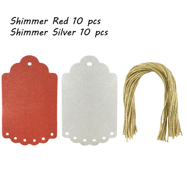 Wrapables 20 Gift Tags/Kraft Hang Tags with Free Cut Strings for Gifts, Crafts & Price Tags, Large Scalloped Edge (Shimmer Red & Silver)