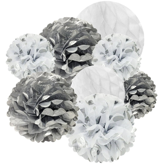 Wrapables Set of 21 Tissue Honeycomb Ball and Pom Pom Party Decorations, Silver and White
