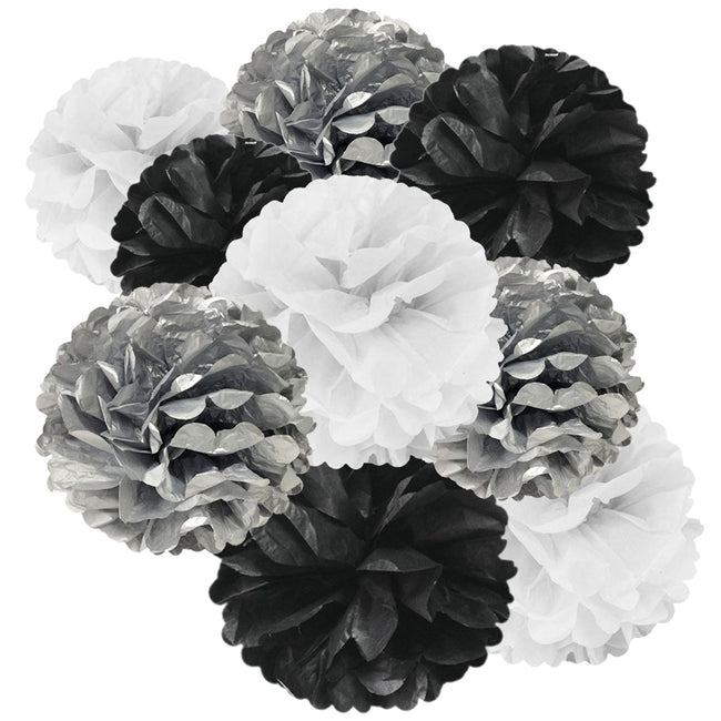 Wrapables Set of 9 Tissue Pom Pom Party Decorations, Black/Silver/White