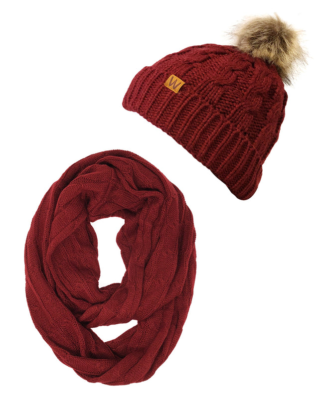 Wrapables® Winter Warm Cable Knit Infinity Scarf and Faux Fur Pom Pom Beanie Set