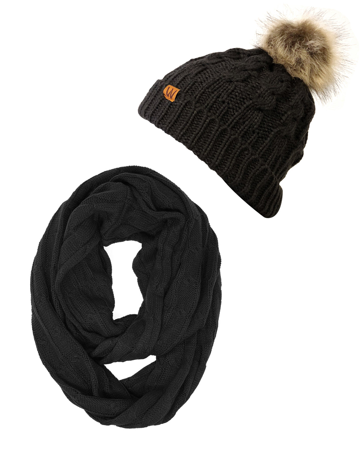 Wrapables Winter Warm Cable Knit Infinity Scarf and Faux Fur Pom Pom Beanie Set