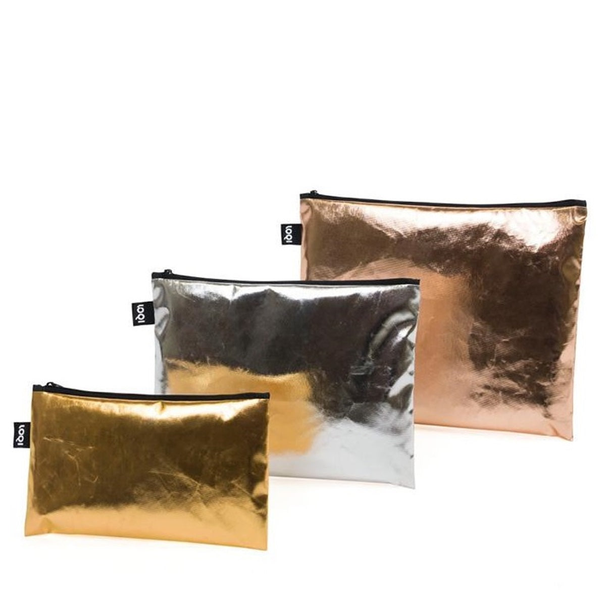 LOQI Metallic Zip Pockets (Set of 3), Gold, Silver, Rose Gold