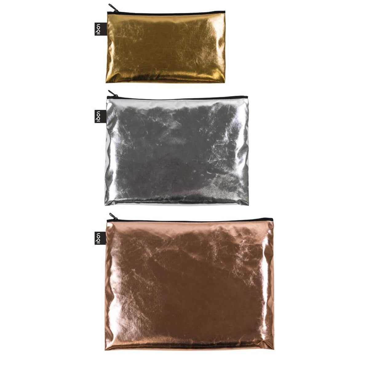 LOQI Metallic Zip Pockets (Set of 3), Gold, Silver, Rose Gold