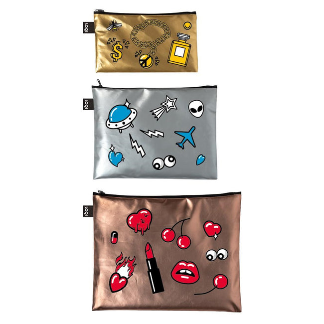 LOQI Metallic Zip Pockets (Set of 3), Matt Pop