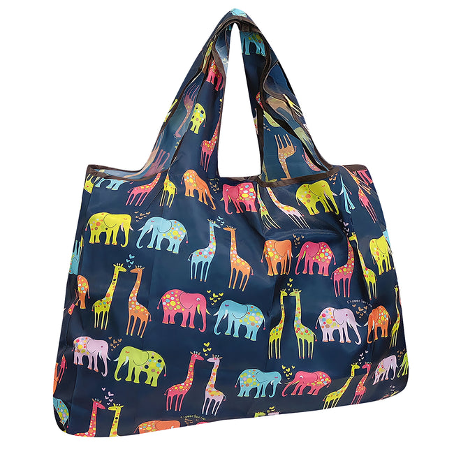 Wrapables Large Nylon Reusable Shopping Bag, Foldable Shopping Tote Bag, Reusable Grocery Bag, Travel Bag, Elephants & Giraffes