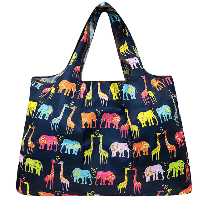 Wrapables Large Nylon Reusable Shopping Bag, Foldable Shopping Tote Bag, Reusable Grocery Bag, Travel Bag, Elephants & Giraffes