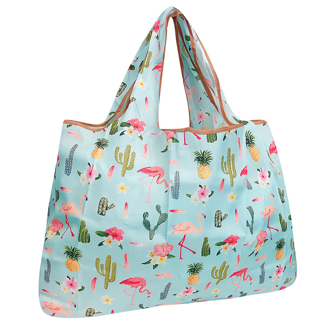 Wrapables Large Nylon Reusable Shopping Bag, Foldable Shopping Tote Bag, Reusable Grocery Bag, Travel Bag, Flamingoes & Cacti