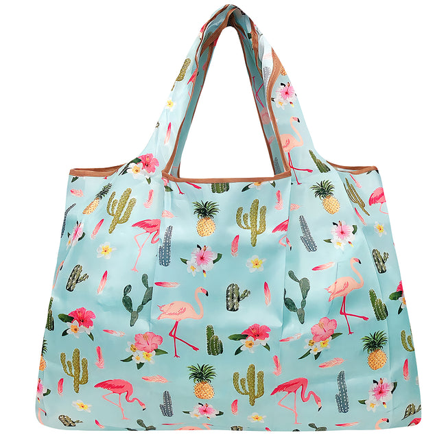 Wrapables Large Nylon Reusable Shopping Bag, Foldable Shopping Tote Bag, Reusable Grocery Bag, Travel Bag, Flamingoes & Cacti