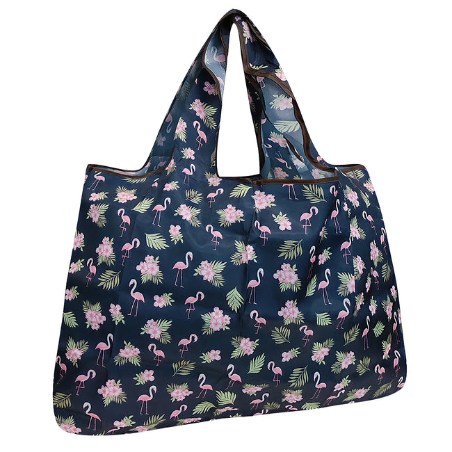 Wrapables Large Nylon Reusable Shopping Bag, Foldable Shopping Tote Bag, Reusable Grocery Bag, Travel Bag, Flamingoes & Floral