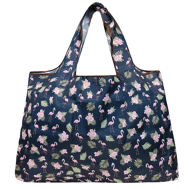 Wrapables Large Nylon Reusable Shopping Bag, Foldable Shopping Tote Bag, Reusable Grocery Bag, Travel Bag, Flamingoes & Floral