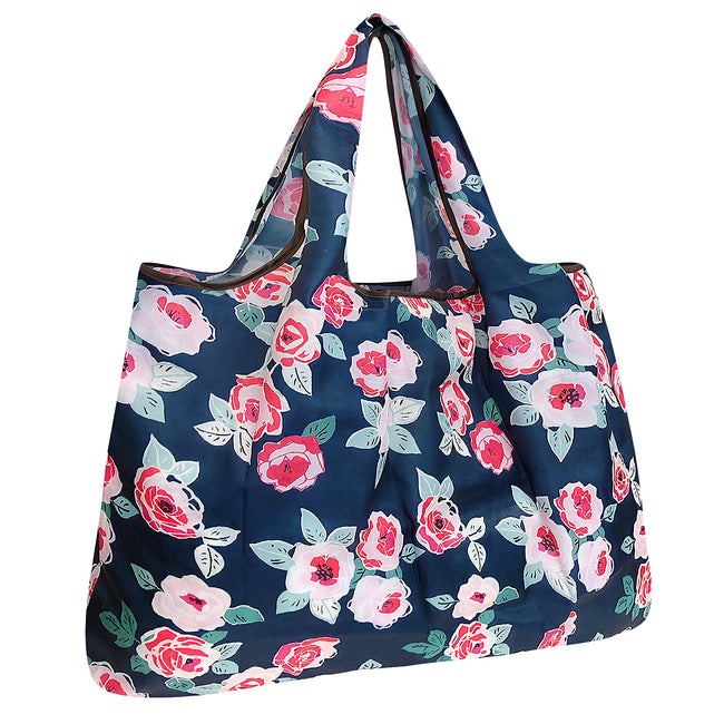 Wrapables Large Nylon Reusable Shopping Bag, Foldable Shopping Tote Bag, Reusable Grocery Bag, Travel Bag, Rose Floral