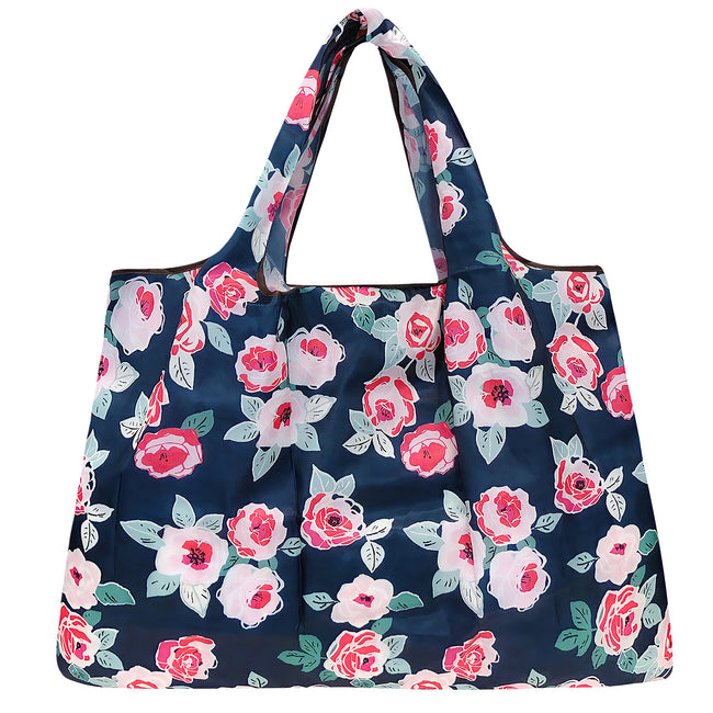 Wrapables Large Nylon Reusable Shopping Bag, Foldable Shopping Tote Bag, Reusable Grocery Bag, Travel Bag, Rose Floral