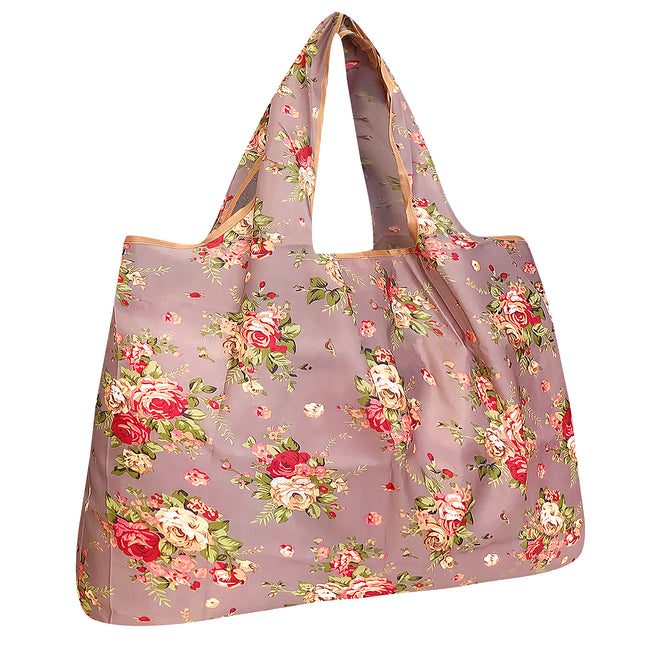 Wrapables Large Nylon Reusable Shopping Bag, Foldable Shopping Tote Bag, Reusable Grocery Bag, Travel Bag, Roses on Khaki