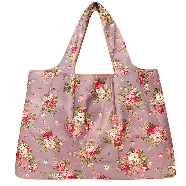 Wrapables Large Nylon Reusable Shopping Bag, Foldable Shopping Tote Bag, Reusable Grocery Bag, Travel Bag, Roses on Khaki