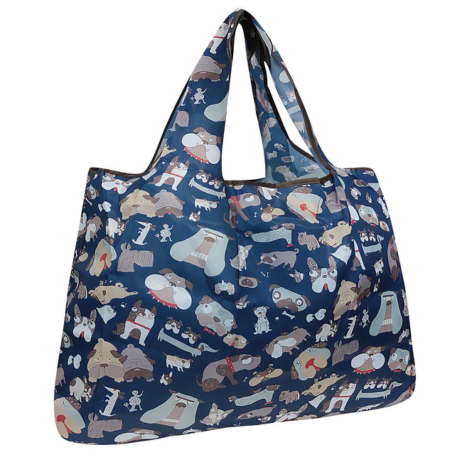 Wrapables Large Nylon Reusable Shopping Bag, Foldable Shopping Tote Bag, Reusable Grocery Bag, Travel Bag, Silly Dogs