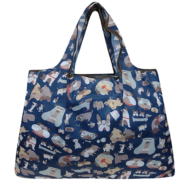 Wrapables Large Nylon Reusable Shopping Bag, Foldable Shopping Tote Bag, Reusable Grocery Bag, Travel Bag, Silly Dogs