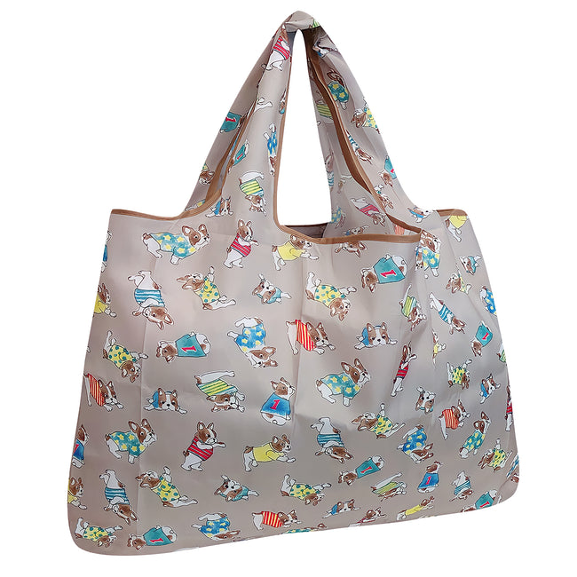 Wrapables Large Nylon Reusable Shopping Bag, Foldable Shopping Tote Bag, Reusable Grocery Bag, Travel Bag, Gray French Bulldogs