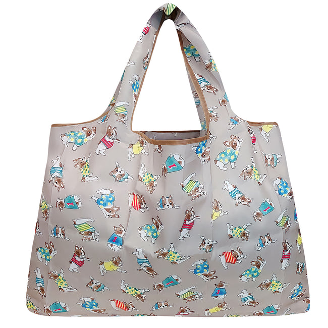 Wrapables Large Nylon Reusable Shopping Bag, Foldable Shopping Tote Bag, Reusable Grocery Bag, Travel Bag, Gray French Bulldogs