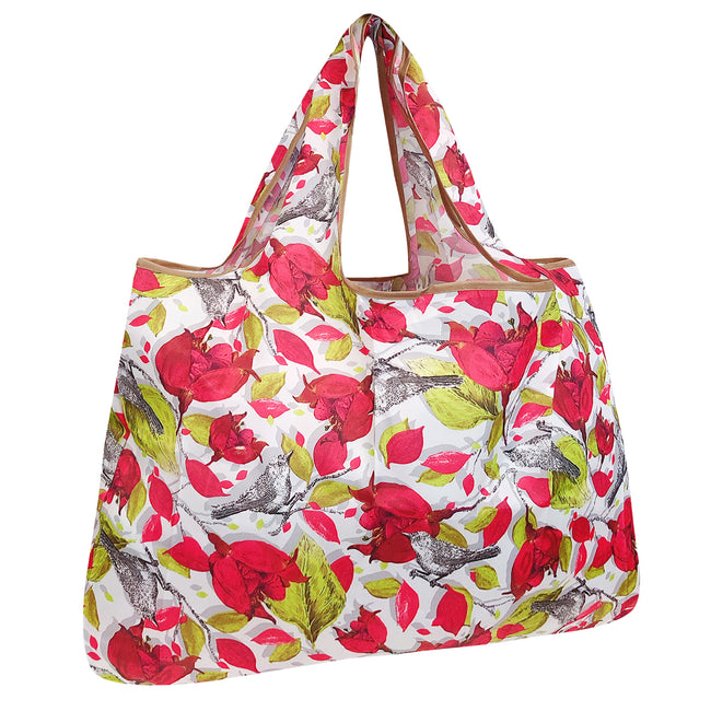 Wrapables Large Nylon Reusable Shopping Bag, Foldable Shopping Tote Bag, Reusable Grocery Bag, Travel Bag, Red Floral with Gray Birds