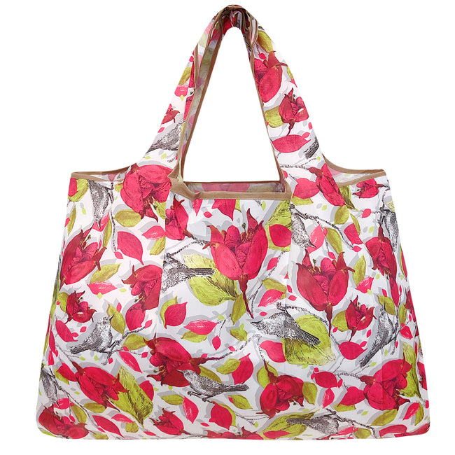 Wrapables Large Nylon Reusable Shopping Bag, Foldable Shopping Tote Bag, Reusable Grocery Bag, Travel Bag, Red Floral with Gray Birds