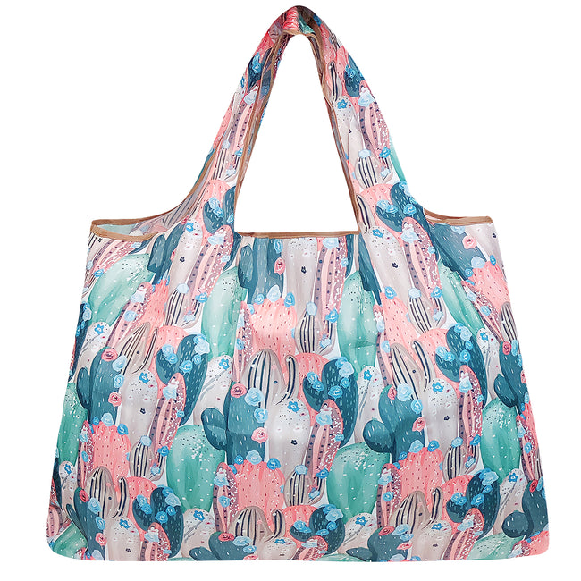 Wrapables Large Nylon Reusable Shopping Bag, Foldable Shopping Tote Bag, Reusable Grocery Bag, Travel Bag, Colorful Cacti
