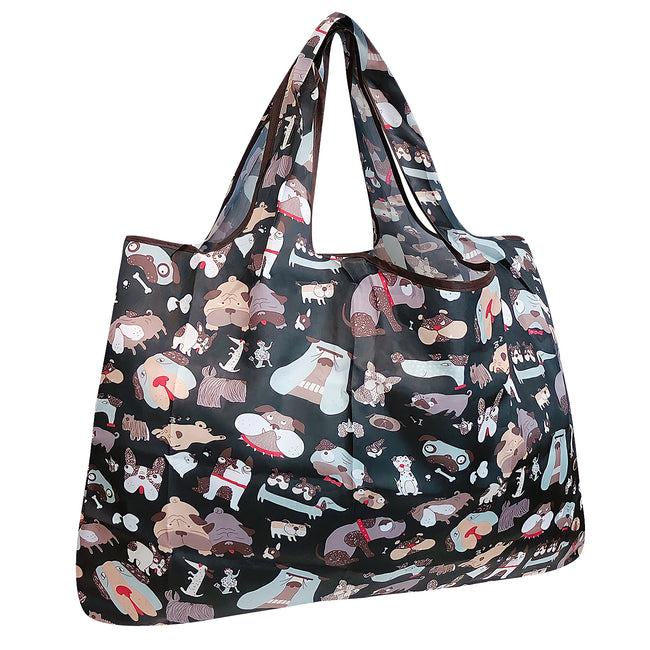 Wrapables Large Nylon Reusable Shopping Bag, Foldable Shopping Tote Bag, Reusable Grocery Bag, Travel Bag, Black Dogs