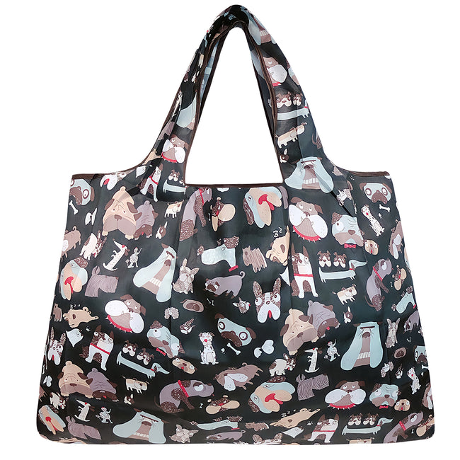 Wrapables Large Nylon Reusable Shopping Bag, Foldable Shopping Tote Bag, Reusable Grocery Bag, Travel Bag, Black Dogs