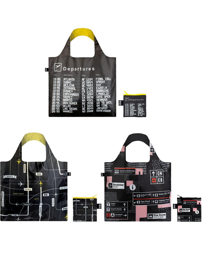 LOQI Airport Reusable Shopping Bags (Set of 3), Arrivals, Departures, Icons