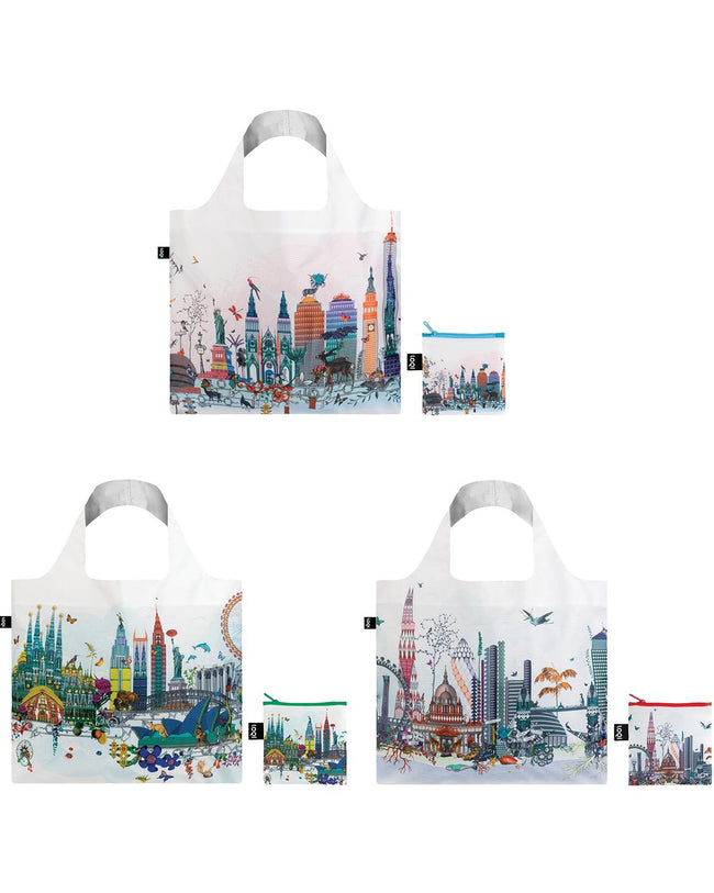 LOQI Kristjana S Williams Interiors Reusable Shopping Bags (Set of 3), New York, London, Skyline