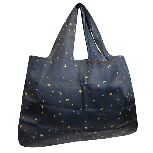 Wrapables Large Nylon Reusable Shopping Bag, Foldable Shopping Tote Bag, Reusable Grocery Bag, Travel Bag, Moon & Stars