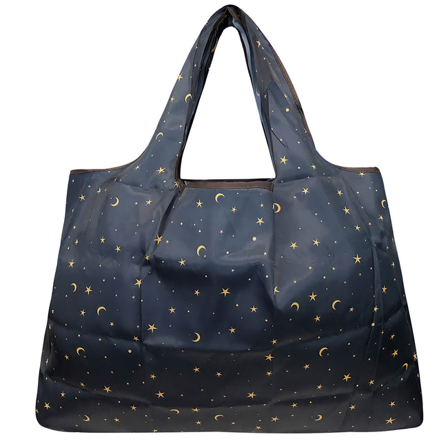 Wrapables Large Nylon Reusable Shopping Bag, Foldable Shopping Tote Bag, Reusable Grocery Bag, Travel Bag, Moon & Stars