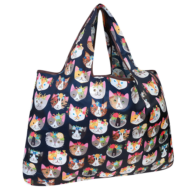 Wrapables Large Nylon Reusable Shopping Bag, Foldable Shopping Tote Bag, Reusable Grocery Bag, Travel Bag, Crazy Cats