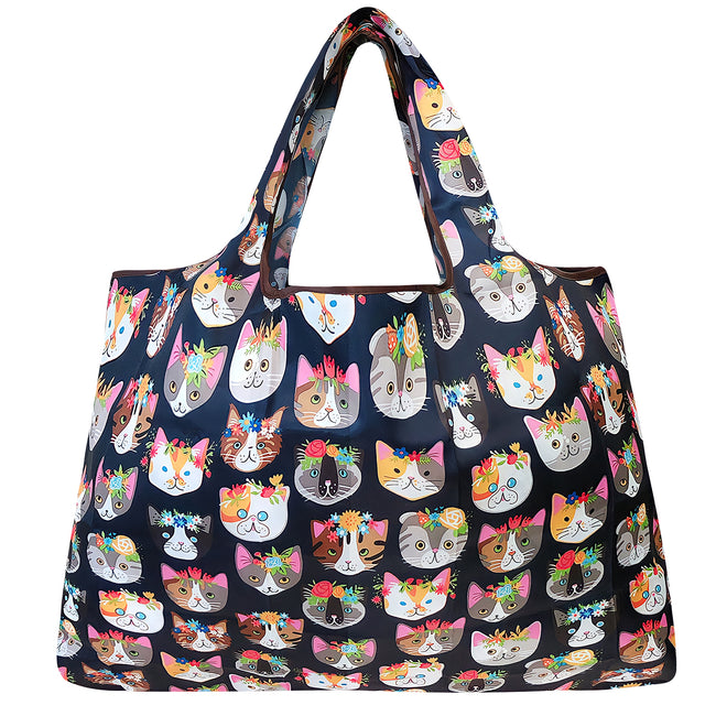 Wrapables Large Nylon Reusable Shopping Bag, Foldable Shopping Tote Bag, Reusable Grocery Bag, Travel Bag, Crazy Cats