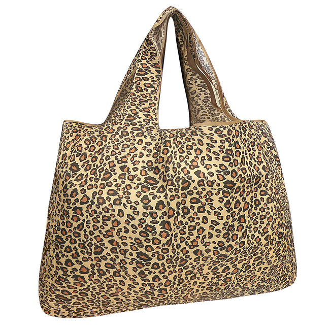 Wrapables Large Nylon Reusable Shopping Bag, Foldable Shopping Tote Bag, Reusable Grocery Bag, Travel Bag, Leopard Print