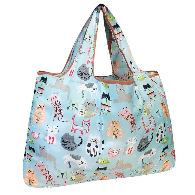 Wrapables Large Nylon Reusable Shopping Bag, Foldable Shopping Tote Bag, Reusable Grocery Bag, Travel Bag, Cool Cats