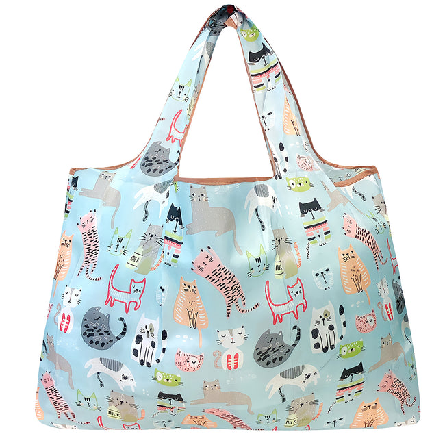Wrapables Large Nylon Reusable Shopping Bag, Foldable Shopping Tote Bag, Reusable Grocery Bag, Travel Bag, Cool Cats