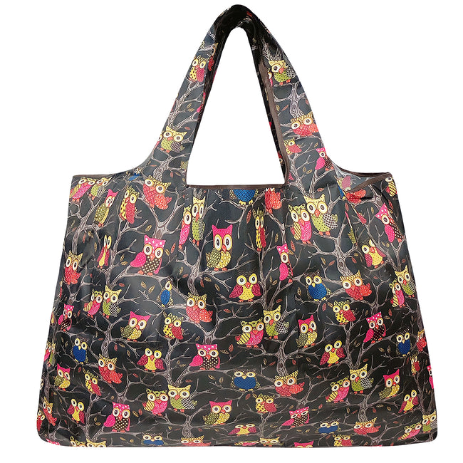 Wrapables Large Nylon Reusable Shopping Bag, Foldable Shopping Tote Bag, Reusable Grocery Bag, Travel Bag, Owls