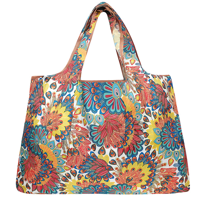 Wrapables Large Nylon Reusable Shopping Bag, Foldable Shopping Tote Bag, Reusable Grocery Bag, Travel Bag, Peacock