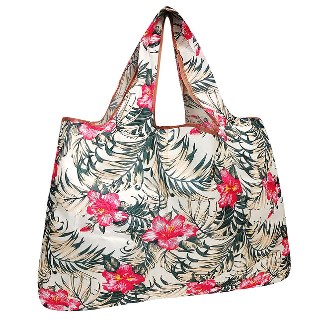 Wrapables Large Nylon Reusable Shopping Bag, Foldable Shopping Tote Bag, Reusable Grocery Bag, Travel Bag, Tropical Pink Floral