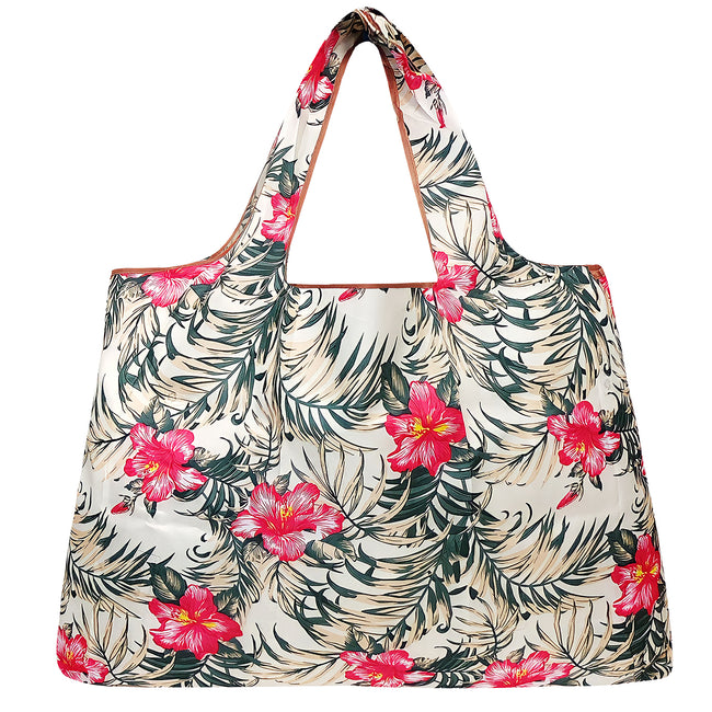 Wrapables Large Nylon Reusable Shopping Bag, Foldable Shopping Tote Bag, Reusable Grocery Bag, Travel Bag, Tropical Pink Floral