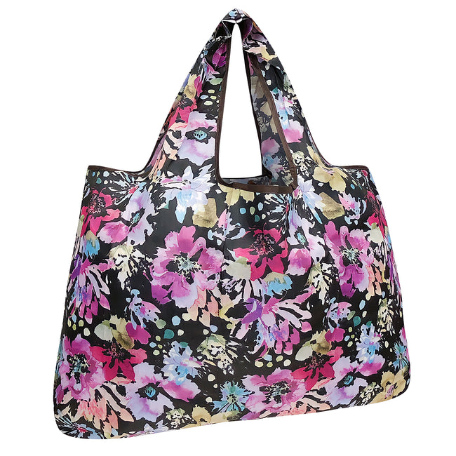 Wrapables Large Nylon Reusable Shopping Bag, Foldable Shopping Tote Bag, Reusable Grocery Bag, Travel Bag, Violet Flowers