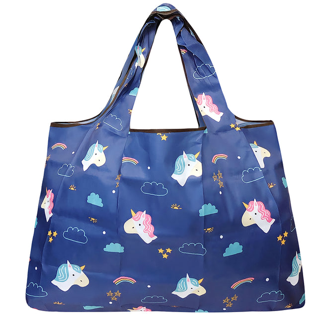 Wrapables Large Nylon Reusable Shopping Bag, Foldable Shopping Tote Bag, Reusable Grocery Bag, Travel Bag, Unicorns & Rainbows