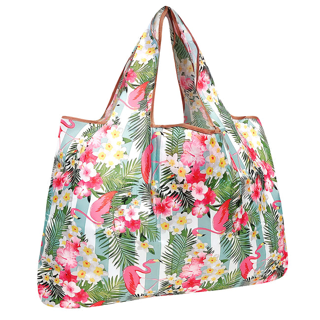 Wrapables Large Nylon Reusable Shopping Bag, Foldable Shopping Tote Bag, Reusable Grocery Bag, Travel Bag, Flamingos & Tropical Flowers